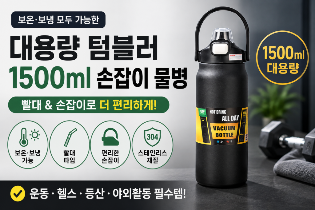 투데이리빙 1500ml 대용량 보온 텀블러 빨대 손잡이 물병 제품 이미지